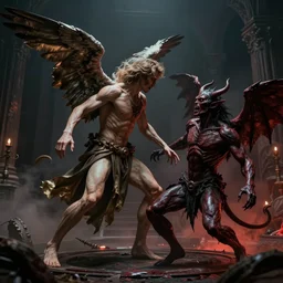 a cinema still of an archangel fighting a demon in the second circle of hell shot by guilliermo del toro, horror, dark, inferno, natural, hyper detailed, digital art, trending in artstation, cinematic lighting, studio quality,