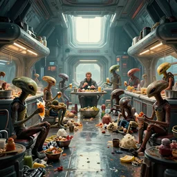 hyperrealistic poster from new scifi movie with spaceship kitchen interior full of different alien species eating garbage, deep displacement, back light, sharp reflections, raytracing, raymarching, strong subsurface scattering, by bernie wrightson, rendering in octane, color grading by digital domain