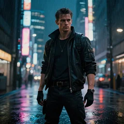 nick wilde standing in the rain in cyberpunk tokyo during nighttime, cinematic lighting, 4k digital art, trending on artstation