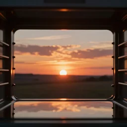 beautiful sunset from oven door first person