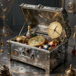 a steel vault chest slightly open with hidden luxury goodies, Astrolabe, Sundial, scifi, interior, highly detailed, digital painting, artstation, concept art, sharp focus, fine art illustration, art by artgerm and greg rutkowski and magali villeneuve and alphonse mucha,Lucas Graciano, digital art, steve argyle, peter Mohrbacher, Davi Blight, Zdzislaw Beksinski