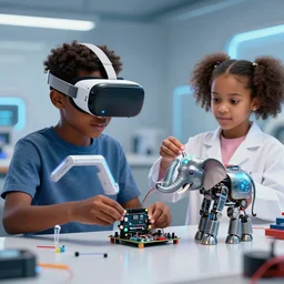 a hyper realistic 3 d render of a black boy kid using a diy vr glasses arduino, a black girl kid scientist is constructing a elephant robot, futuristic, cyberpunk, xenomorphic, arduino, biomechanical, photorealistic, ultra detailed, 4 k, chromatic aberration, dof, cycles render engine