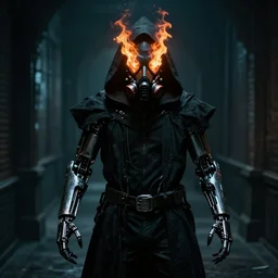 cyberpunk man wearing black metal respirator black cloth cloak hood robotic arms long fingers burning eyes on fire witch king of angmar ring wraith ghost rider Bladerunner 2049 movie still (2017) style of Roger Deakins Jeremy Saulnier Newton Thomas Sigel Robert Elswit Greig Fraser trending dark hallway rtx on ue4 35mm Kodak Vision 2383 gritty atmospheric