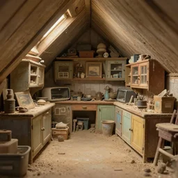 placid auburn cute cluttered painterly hard tiny cramped dusty attic, slanted ceiling, tiny angular space, cupboards, cabinets, busy, particulate, trending on pixiv