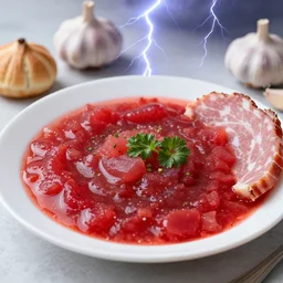 plate of borscht, pampushka and salo, hyper realistic, extremely detailed, food photo, garlic on background, epic lightning, yamy yamy
