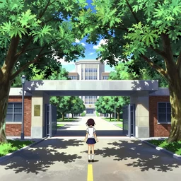 private academy entrance, boulevard, cannabis oak trees, university in the distance, overhanging branches, long road, cel - shading, 2 0 0 1 anime, flcl, jet set radio future, the world ends with you, kid a, cel - shaded, strong shadows, vivid hues, y 2 k aesthetic, art by cgsociety pixar