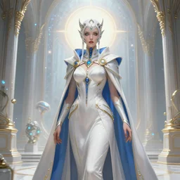 detailed portrait of a cybernoun, necromancer, benevolent, scifi, futuristic, elegant cape, year 2 1 0 0, elegant, alien room background, white, blue, gold, trending on artstation, so - s 1 4 8 ft light, holy machine, advanced technology, art by vitaly bulgarov and nivanh chanthara