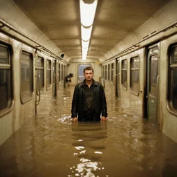 Almost completely flooded metro wagon. Photo from inside the wagon, in the center of the frame stands one calm man up to his chest in water and looks at the camera. Warm lighting, old color photo, USSR, extremely detailed, 8k, metro, belowground