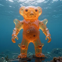 huge transparent orange jell strange morph form in style by anish kapoor, in the parts by shih chieh huang, with wires in the open sea on the water