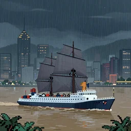 cruiser sailing on flooded miniature kowloon city at night, raining, misty, art by yoshitaka amano, and artgerm, pixel art