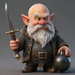 bald dwarf with white beard, holding a dagger and bomb, dnd, high detail, fantasy,