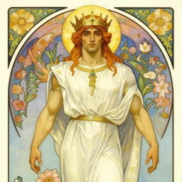 a god wearing white clothes and golden crown, muscular, flowers, amazing, tarot art, painting by greg rutkowski and alphonse mucha
