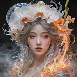3 d close up swirly portrait of the face of a beautiful princess with translucent nautilus jellyfish phoenix bird and giant orchid flower and giant gladiola surrounded by smoke and water fire energy flow, intricate, very highly detailed. octane render, excellent composition, by wlop, by tooth wu, by greg rutkowski, by alphonse mucha