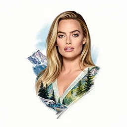 tattoo design sketch mash up of margot robbie with beautiful mountain scenery, double eposure effect, in the style of arlo dicristina, surrealist, amazing detail, sharp