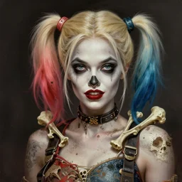 stunning harley quinn as goddess of skull portrait, skull, bones, dirt, fantasy, intricate, elegant, highly detailed, digital painting, artstation, concept art, smooth, sharp focus, illustration, art by afshar petros and krenz cushart and artem demura