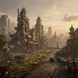 steampunk city that looks like London 19th century, dawn, beautiful landscape