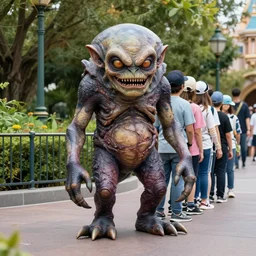 high resolution photo of a disgusting lovecraftian creature waiting in line at disneyland