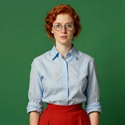 portrait of a woman!!! red hair! freckles! round silver glasses!! button up shirt! red skirt!!! by norman rockwell! green background - h 7 4 0