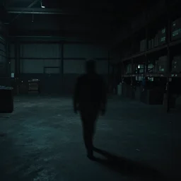 surveilance video of a dark warehouse with a strange blurry figure roaming around in the shadows