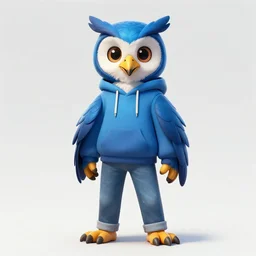 front facing portrait. humanoid furry! anthro, anthro, anthro, avian, avian, avian!!! fursona, bird, bird, bird!!! digital art! trending on artstation! subject wearing hoodie and jeans!! subject is female!! big beak, big beak, big beak!!! blue feathers!! owlkin!!