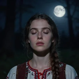 beautiful woman with her eyes closed, close - up face, walking in the forest at night. full moon. folk horror. hyper detailed. socialist realism