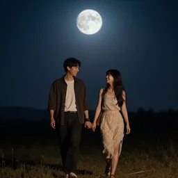 happy lovers leaving together in the night, walking towards the full moon, cinematic lighting, wow, establishing shot