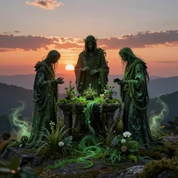 highly detailed three robed figures around an altar with flowers and plants, green spilling, on a mountain overlooking the vast and beautiful sunset, swirling magic dust, hyper realistic, ultra realistic, octane render, eerie, dark, cinematic, hypermaximalistic, high details, artstation trending, unreal engine
