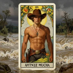 a dramatic, epic, ethereal tarot painting of a handsome brown shirtless cowboy | background is a torrential flooding river | tarot!! card, art deco, art nouveau | by Mark Maggiori ((and Alphonse Mucha)) | trending on artstation