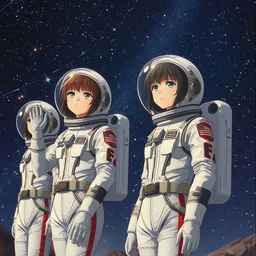 a film still of a 1 9 5 0's anime girls in space suits, kandinski, full body mid shot, perfect art, trending on pixiv fanbox, painted by gaston bussiere, makoto shinkai, akihiko yoshida, craig mullins, studio ghibli