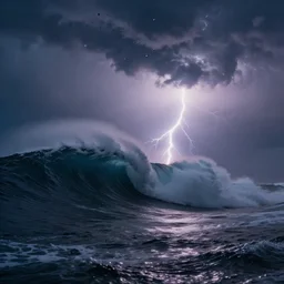 in the middle of the ocean, huge waves, bellowing clouds, lightning, moody lighting, water droplets on the lens, volumetric lighting, 8 k