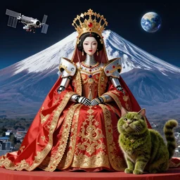 On the morning of the robot queen's coronation, Mount Fuji seen from the International Space Station, The Mekanik Doll, chubby moss kitten, by Dylan Kowalski and deiv calviz, highly detailed, digital painting, HDRI, by vivid colors, high contrast, 8k resolution, intricate, beautiful and thematically complex, smooth