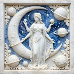 intricate colourfully painted carved Soapstone relief paneling, white and pale blue , celestial, cosmos, galaxies, planets, divinity, moon goddess, mother earth, Earth Goddess mythology, Gaia, angels, dream atmosphere, Ghostly, crystaline celtic, insanly detailed , artstation, wallpaper, hyper realistic, realistic lighting