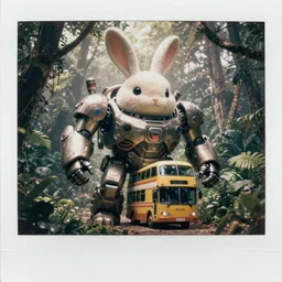 epic battle pose! giant oversized battle robot mech as giant bulky chubby rabbit double decker  bus  with big ears and  rabbit,  in jungle forest  , Cinematic focus, Polaroid photo, vintage, neutral colors, soft lights, foggy, by gregory crewdson