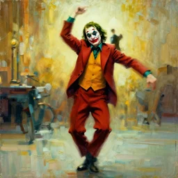 joaquin phoenix as joker dancing, painting by phil hale, fransico goya,'action lines '!!!, graphic style, visible brushstrokes, motion blur, blurry, visible paint texture, crisp hd image