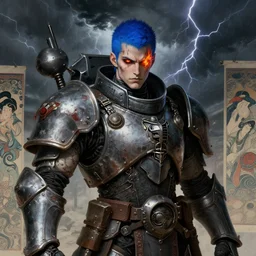 portrait of gothic and futuristic young man, warhammer, cyberpunk armor, a lot of scars, thunderstorm, blue head, fire eyes, the middle ages, highly detailed, artstation, in the style of moebius, jugendstil and classic japanese print, art by jean delville