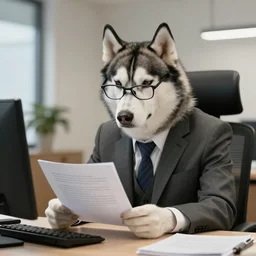 photo of a serious husky in a suit and glasses, reading a document at a desk in an office. Highly detailed 8k. Intricate. Sony a7r iv 55mm. Award winning.