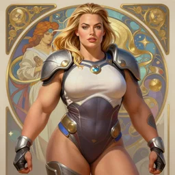 full figure ultra realistic illustration, margot robbie as thick female bodybuilder zarya from overwatch, intricate, elegant, highly detailed, digital painting, artstation, concept art, smooth, sharp focus, illustration, art by artgerm and greg rutkowski and alphonse mucha