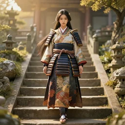 gorgeous japanese warrior princess standing on stairs in an ancient fantasy garden, long hair, beautiful intricately decorated clothing, natural pose, golden hour, shallow depth of field, fantasy matte painting, coherent composition, karole bak, mohrbacher, hasui kawase, noriyoshi ohrai