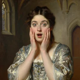 portrait painting by Edmund Blair Leighton of a surprised beautiful woman in an old fashioned silken dress touching her face with a surprised expression on her face, detailed face, the interior of a medieval castle in the background, 4k oil on linen by Edmund Blair Leighton, highly detailed, soft lighting 8k resolution