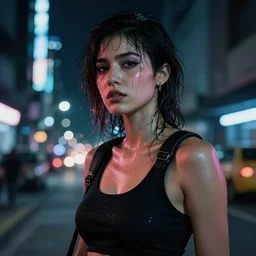 buenos aires argentina cyberpunk strong girl sweating, sci - fi streets night