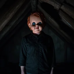 dark attic with the man with a doll head, dark ,night, horror art