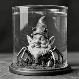 a dnd gnome head in a glass tank, mechanical spider legs, steam punk style, ansel adams photograph