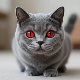 a robot cat that is grey and has red eyes