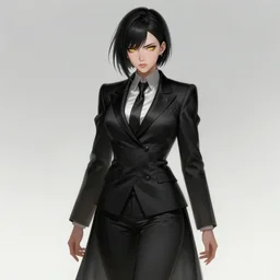 a highly detailed illustration of meisa kuroki as short black haired young woman wearing black suit with coattails, yellow eyes, dramatic elegant pose, intricate, elegant, highly detailed, centered, digital painting, artstation, concept art, smooth, sharp focus, league of legends concept art, wlop.