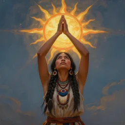 indigenous woman starring at the sky, with arms up, praying at the sun, matte painting, fantasy art