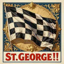 [St.Georges adorned with checkered flag. Propaganda!!! poster!!!, intricate, elegant, highly detailed, digital painting, artstation, concept art, matte, sharp focus, illustration, octane render, unreal engine, photography]