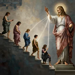 all the steps of the evolution of man, shown over a line, under supervision of the lord, the lord looks, the lord connects using a wire made of light. symbolic picture, michael angelo style, raytracing, dreamy, sharp focus, cinematic lighting, highly detailed, artstation, divine, by gauthier leblanc, kazuya takahashi, huifeng huang
