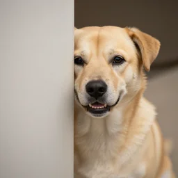 Dog keeping a secret from you, slightly smiling.