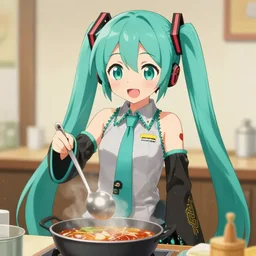 hatsune miku with with a ladle in hands cooking food, high quality anime art, cute art, trending on pixiv