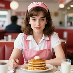 portrait young sophie marceau as hot waitress in a diner, breakfast with pancakes, full length shot, shining, 8 k highly detailed, sharp focus, illustration, art by artgerm, mucha, bouguereau